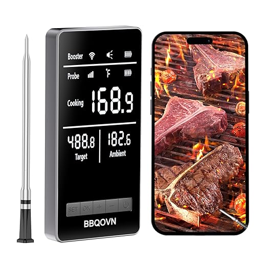 WiFi Sub-1G Wireless Meat Thermometer Unlimited Range, Check Temp Anywhere,7 NIST Certified Sensors with Ambient Temp Smart Digital Base,Monitor for BBQ, Grill,Oven, Smoker. (1, Silver, Small)