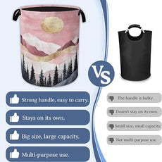 Mountains Laundry Basket,Foldable Oxford Cloth Sun Forest Golden Pink Laundry Hamper with Handles, 20.8