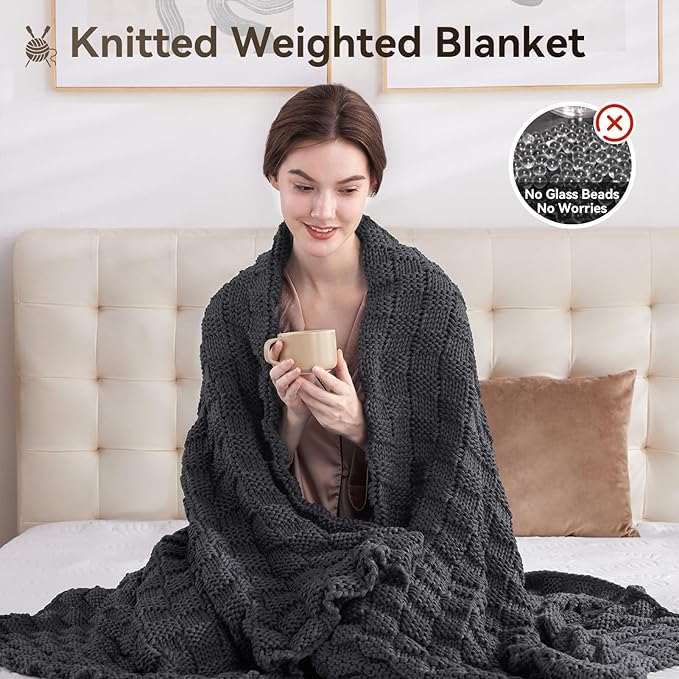 Knitted Weighted Blanket for Adult, No Beads Heavy Blanket 50” x 60'' 10lbs, Breathable Chunky Knit Blanket, Cooling Weighted Blanket for Hot Sleepers, Christmas Home Decor (Dark Grey)