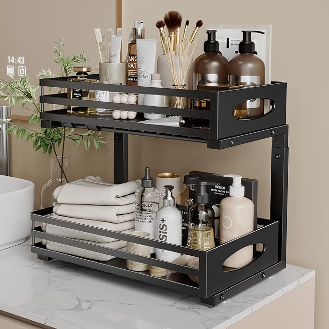 Under Sink Organizer, 2 Tier Under Sink Organizers and Storage, Adjustable Height, Slide Out Metal Cabinet Organizers, Pull Out Cabinet Storage Drawer Shelf for Kitchen Bathroom