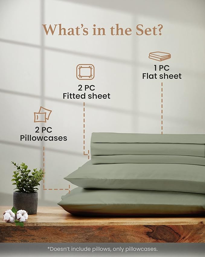 Good Sleep Bedding Split King Sheets Set - 100% Cotton, Egyptian Cotton, 5 Piece Set, 2 Fitted - 16" Deep Pocket, Sateen, Sage GoodSleepBedding