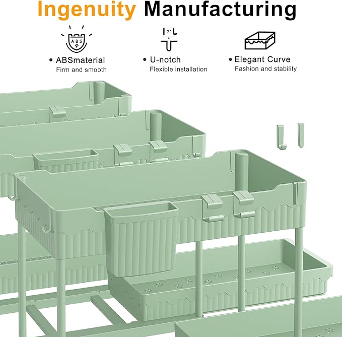 3 Pack Under Sink Organizers, 2-Tier Multi-Use Kitchen and Bathroom Organizers and Storage with Sliding Drawers，Bathroom Cabinet Organizer (Green, 12.8 Inch)