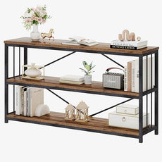 HSH Horizontal Bookshelf, Wood Metal Low Bookcase with Storage, Open 3 Tier Etagere Book Shelf for Office Bedroom Living Room, Rustic Brown, 55 Inch