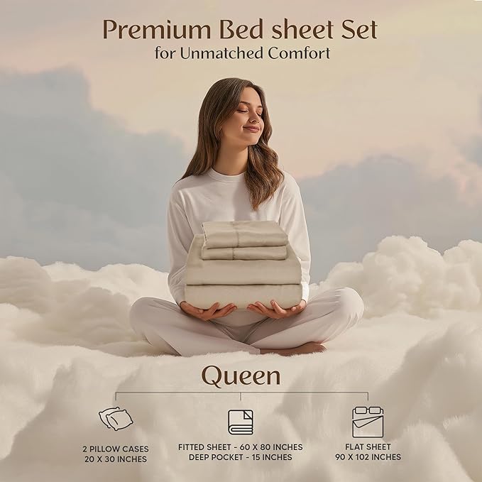 Utopia Bedding Queen Sheet Set – 4 Piece Bed Sheets for Queen Size Bed, Soft and Breathable Microfiber, Includes 1 Fitted Sheet, 1 Flat Sheet and 2 Pillowcases (Beige)