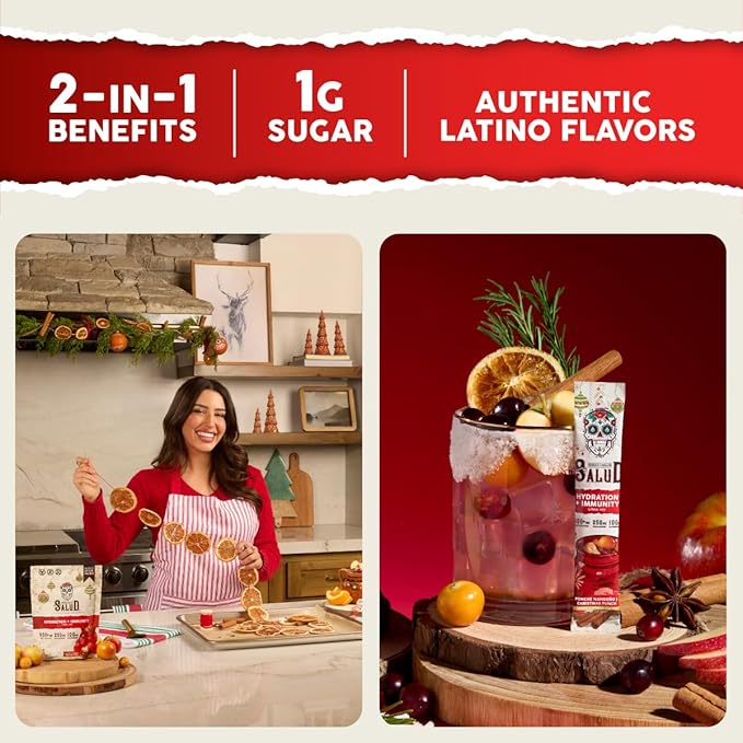 Salud 2-in-1 Hydration Packets + Immunity Electrolytes Powder, Christmas Punch - Ponche Navideno Drink Mix, Elderberry, Dairy & Soy Free, Non-GMO, Gluten Free, Vegan, 1g Sugar (15 Servings)