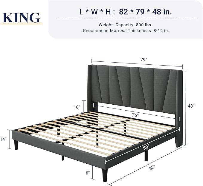 Allewie King Size Platform Bed Frame with Geometric Wingback Headboard, Boho Upholstered Bed with Wooden Slats Support, No Box Spring Needed, Easy Assembly, Dark Grey