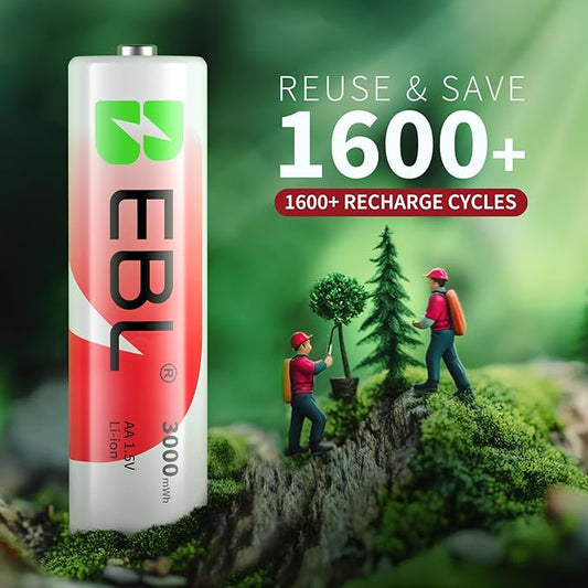 EBL Rechargeable AA Batteries Lithium with Charger, 8 Pack 3000mwh 1.5V Constant Voltage Rechargeable Lithium AA Batteries, 1600 Cycles Long Lasting Double A Battery for Blink Outdoor Camera