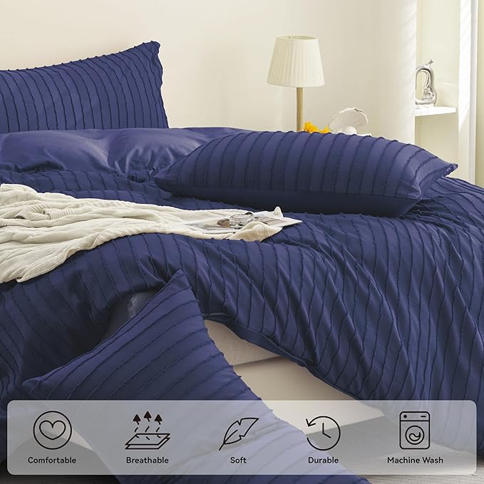 JELLYMONI Duvet Cover Queen Size Navy Blue - 3PCS Boho Striped Duvet Cover Set Polyester Tufted Bohemian Textured Comforter Cover 90×90in with Corner Ties & Zipper and 2 Pillowcases