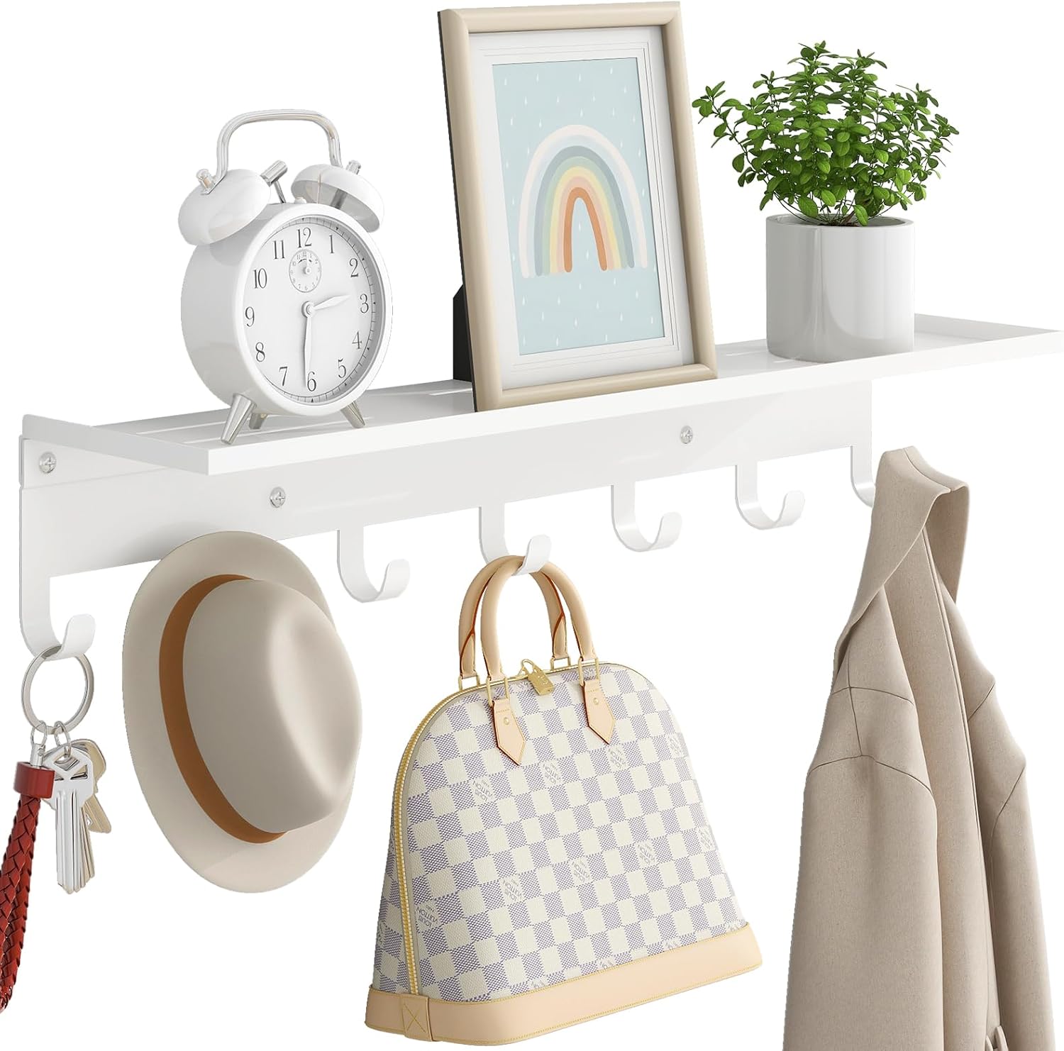 Bethom Wall Shelf with Hooks, Metal Coat Rack Wall Mounted with 5 Hooks, 17 Inch Clothes Hooks Entryway Coat Hangers Storage Clothes, Bags, Purse, Keys for Living Room, Bedroom, Black