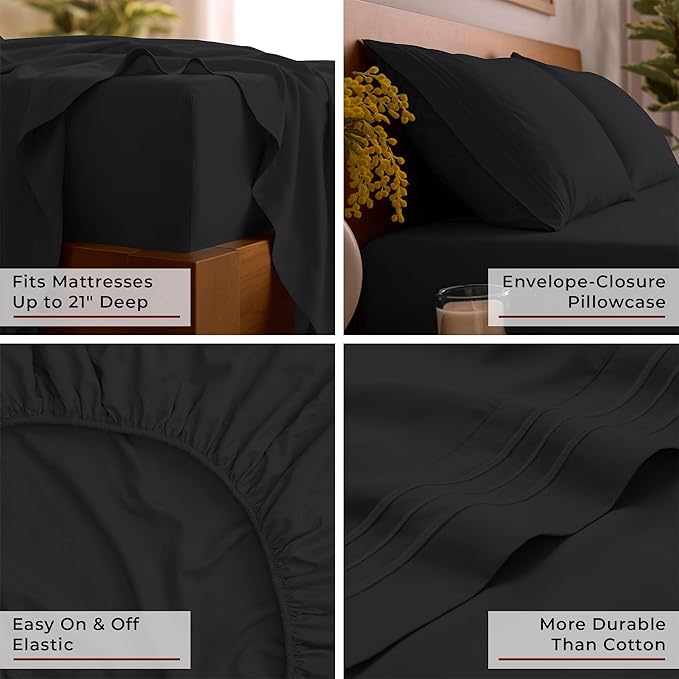 Mellanni Queen Sheet Set - 6-Piece Iconic Collection Bedding, (Including 4 Pillowcases), 21-Inch Extra Deep Pocket, Easy Care, Ultra Soft, Cooling Sheets, Brushed Microfiber - Black
