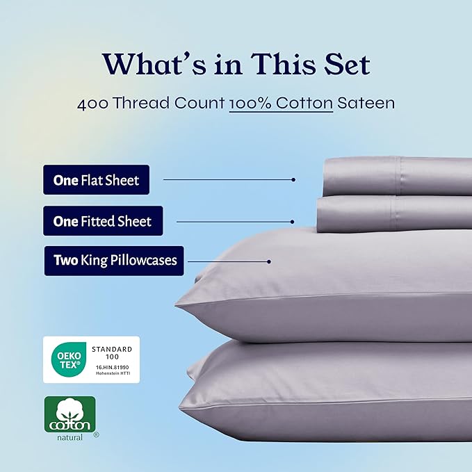 California Design Den Soft 400 Thread Count Natural 100% Cotton Sheets Sateen, King Bed Sheets Set, Deep Pockets, All-Around Elastic for a Snug Fit, Durable Bedding Set - Dusky Lavender Grey CaliforniaDesignDen