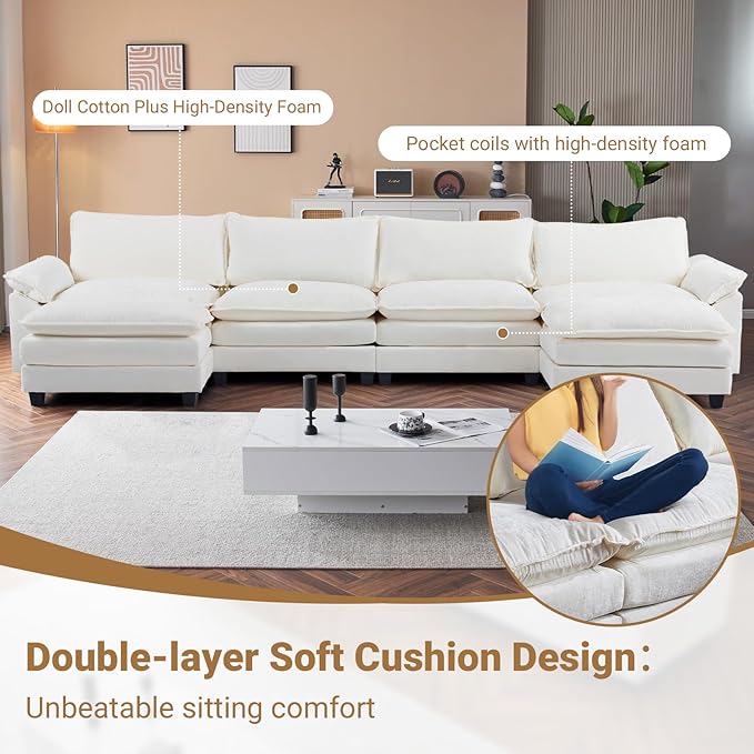 VINGLI 157" Cloud White/Cream Convertible Sectional Sofa, Comfy U-Shape Extra Deep Seat Sofa Couch for Living Room,Modern Chenille 4-Seat Convertible Sofa with 2 Movable Ottomans for Small Space