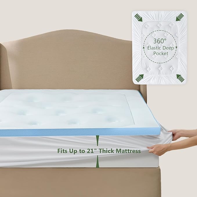 Hansleep King Mattress Topper Viscose Derived from Bamboo, Memory Foam Pillow Top Mattress Topper King with Deep Pocket, Breathable Mattress Pad for Back Pain Relief, 78" x 80", White