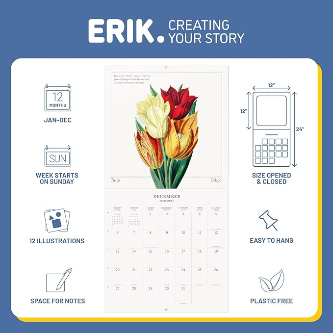 Botanical Wall Calendar 2026 12" x 12" FSC® Plastic Free - Starts Week On Sunday | Family Planner Flowers Calendar 2026
