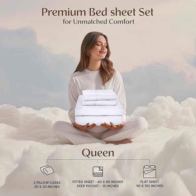 Utopia Bedding Queen Sheet Set 4 Piece Bed Sheets for Queen Size Bed, Hotel Luxury, Extra Soft, Cooling Bed Sheets - Wrinkle, and Fade Resistant (White)