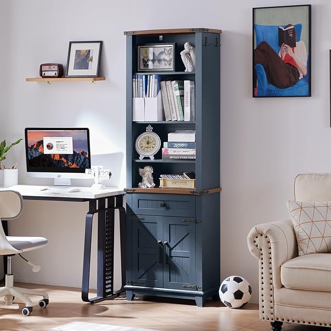 72in Tall Bookshelf 7 Tier Bookcase with Drawer and Barn Doors and Adjustable Shelves, Blue Farmhouse Book Shelf with Storage Cabinet, Wood Freestanding Display Bookshelves for Kitchen (2PCS)