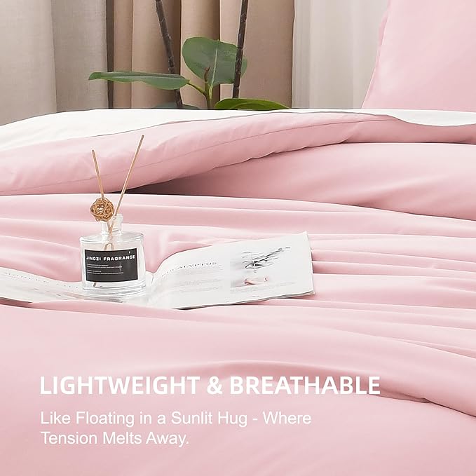 Litanika Comforter Set, Lightweight Solid Bedding Comforter Set, Fluffy Down Alternative Bed Set, Baby Pink, Super King Plus