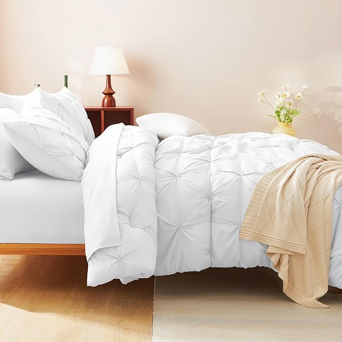 CozyLux Full Size Comforter Sets White, 7 Pieces Pintuck Bed in A Bag White Comforter Full Size, Pinch Pleat Bedding Sets with All Season Comforter, Sheets, Pillowcases & Shams
