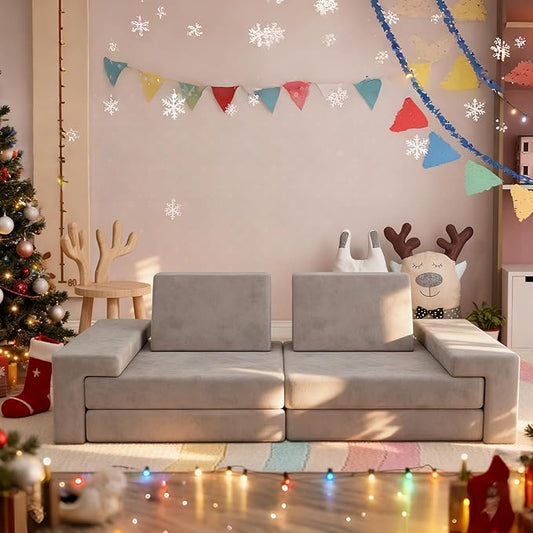 Play Couch Comfy Modular Sofa Futon Set, Convertible Folding Memory Foam Couches Versatile Floor Cushion Fort Set for Living Room Playroom Furniture (Grey)