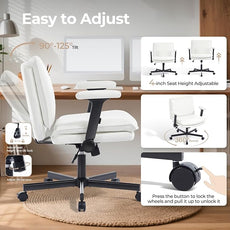 Criss Cross Chair with Flip-Up Arms and Lockable Wheels, Leather Cross Legged Office Desk Chair,Wider 125°Tilting Adjustable Swivel Computer Chair for Home, Apartment, Bedroom,White