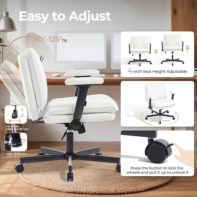 Criss Cross Chair with Flip-Up Arms and Lockable Wheels, Leather Cross Legged Office Desk Chair,Wider 125°Tilting Adjustable Swivel Computer Chair for Home, Apartment, Bedroom,White