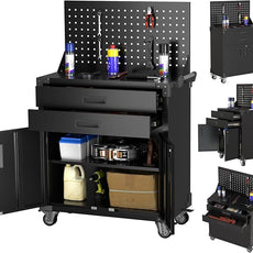 SUXXAN Black Tool Cart with Pegboard and 4 Hooks,Garage Storage Cabinet on Wheels with 2 Drawer,Industrial Service Utility Tool Cart for Mechanics, Garage, Workshop