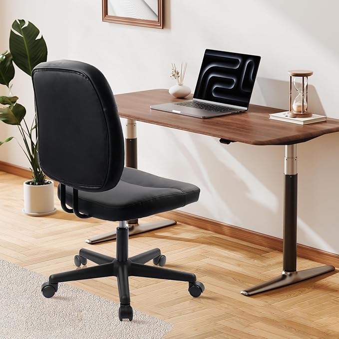 CLATINA Armless Home Office Chair, Small PU Leather Ergonomic Low Back Desk Chair with Lumbar Support and Wheels, Adjustable Height 360° Swivel Rolling Computer Task Chair, Black