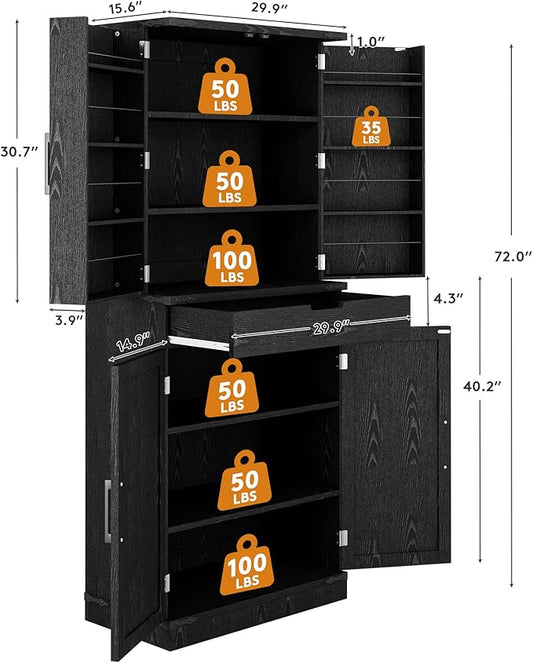72" Tall Storage Cabinet, Kitchen Pantry Cabinet with Adjustable Shelves & Sturdy Steel Frame, Farmhouse Pantry Storage with 4 Barn Doors for Kitchen, Dining Room, and Living Room, Black