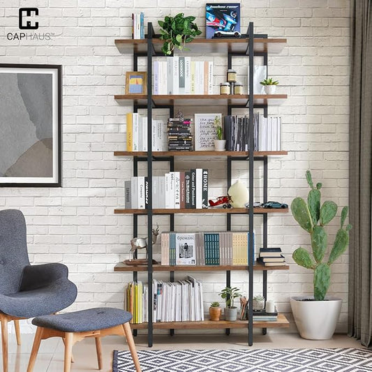 CAPHAUS 6-Tier Book Shelf, 86" H Vintage Industrial Bookcase with Open Display Shelving, Wooden and Metal Shelving Unit, Bookshelves and Bookcases, Stand Shelf for Bedroom, Home Office, Rustic Oak