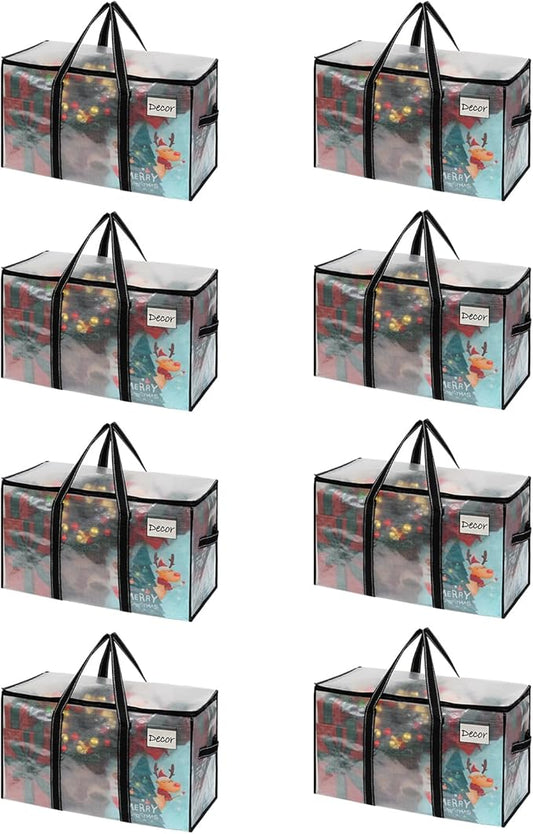 VENO 8 Pack Moving Bags & Large Christmas Storage Bins with lids for Decorations, Garland, Lights. Moving Boxes Packing Supplies for College Dorm. Extra Large Heavy Duty Totes (Clear-8 Pack)