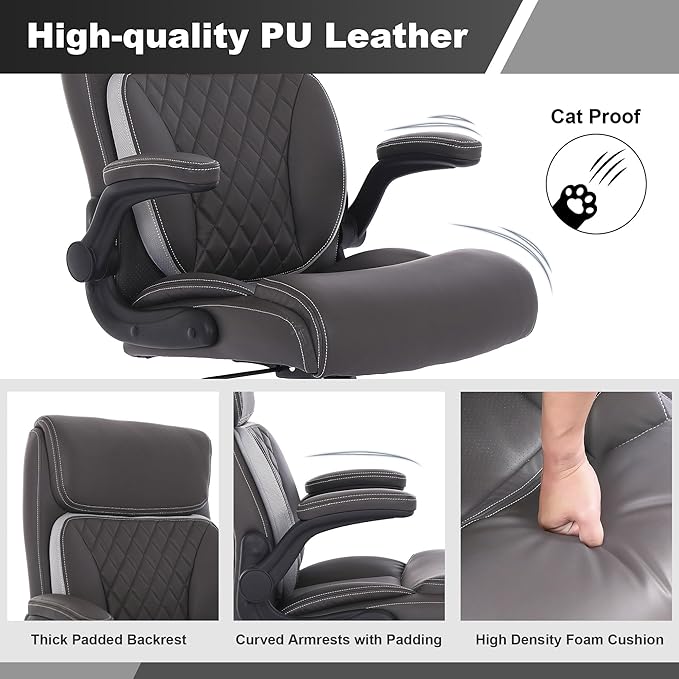Youhauchair Executive Office Chair, Ergonomic PU Leather Computer Desk Chair with Lumbar Support, Flip-up Armrests and Adjustable Height, for Home Office, Brown