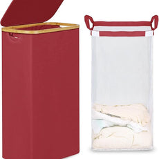 efluky Slim Laundry Basket with Lid, Narrow Laundry Hamper with Removable Bag, Skinny Dirty Clothes Basket with Bamboo Handles for Bathroom, Bedroom & Laundry Room, 75L Burgundy
