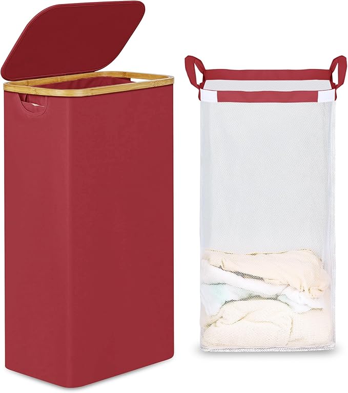 efluky Slim Laundry Basket with Lid, Narrow Laundry Hamper with Removable Bag, Skinny Dirty Clothes Basket with Bamboo Handles for Bathroom, Bedroom & Laundry Room, 75L Burgundy