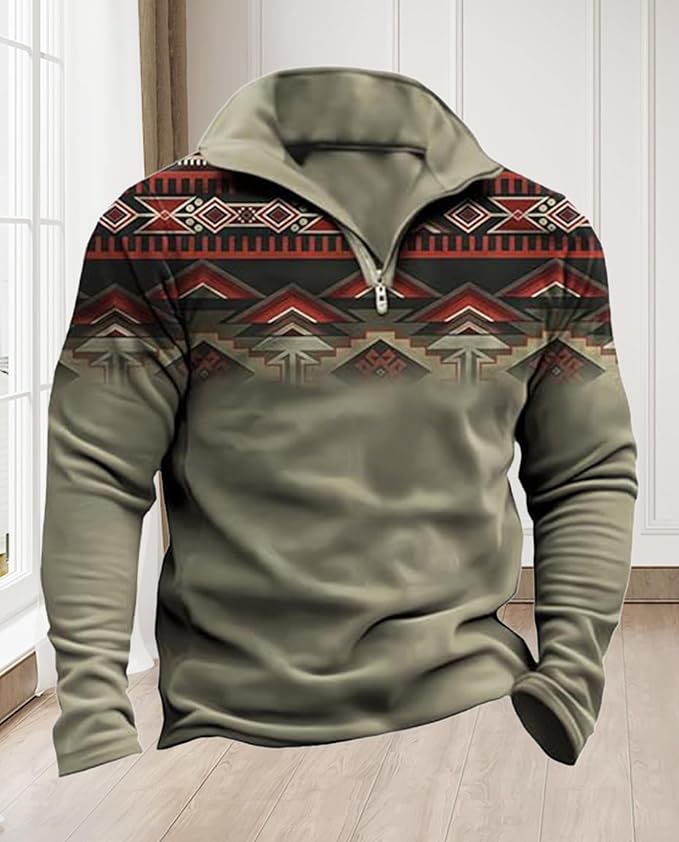 Western Sweatshirts for Men Aztec Cowboy Vintage Graphic Fleece Hoodie Mens Quarter Zip Pullover Country Jacket