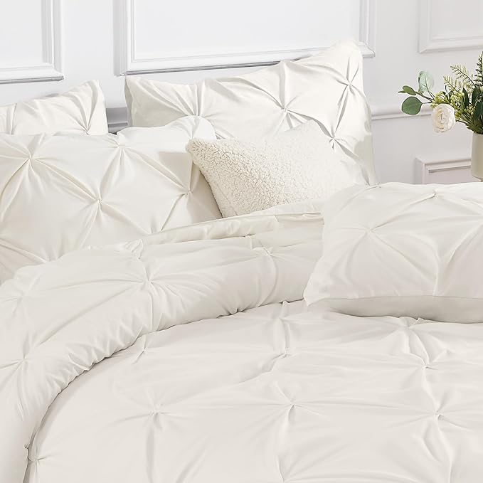 Andency Ivory Queen Comforter Set, 3 Piece All Season Decorative Pintuck Bedding Comforter & Sets, Ivory Soft Microfiber Lightweight Washable Bed Set for Queen Size Bed