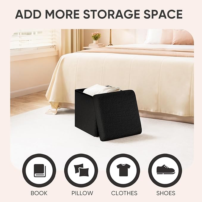 PINPLUS Storage Ottoman Cube Square Shaped Ottomans with Storage Foot Stool Footrest for Lving Room Boucle Ottoman Seat for Dorm Room,Faux Teddy Fur Black, 11.8"x11.8"x11.8"