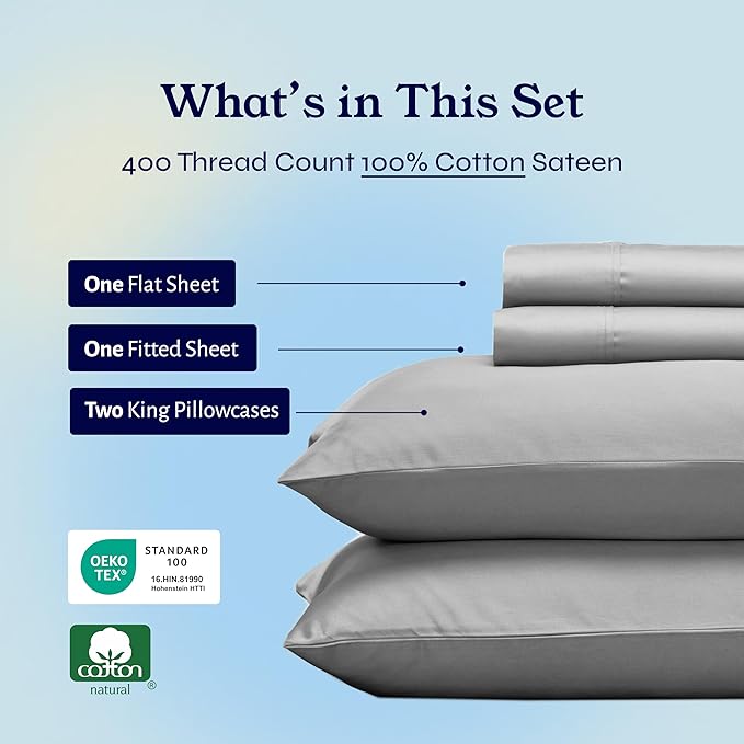 California Design Den King Bed Sheets Set - Soft 400 Thread Count Sateen, Natural 100% Cotton Sheets, Deep Pockets with All Around Elastic for a Snug Fit, Durable Bedding Set - Light Grey CaliforniaDesignDen