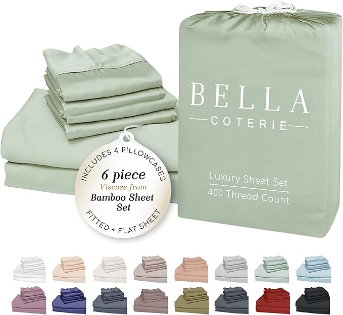 Bella Coterie 6 Piece Luxury Bamboo Viscose Queen Size Sheet Set | 100% Organically Grown | Cooling for Hot Sleepers | 18" Deep Pocket | Soft & Hypoallergenic | 4 Pillowcases [Sea Glass]