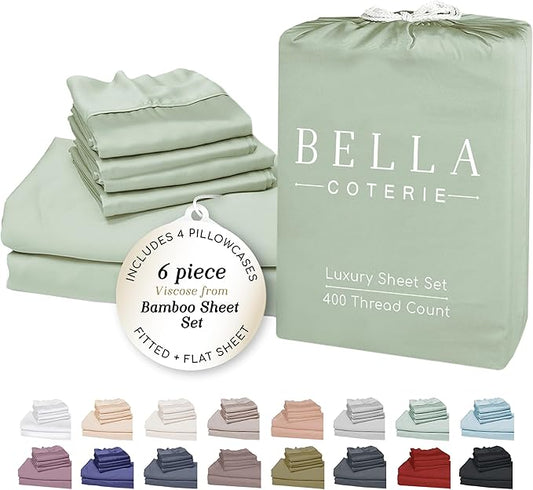 Bella Coterie 6 Piece Luxury Bamboo Viscose Queen Size Sheet Set | 100% Organically Grown | Cooling for Hot Sleepers | 18" Deep Pocket | Soft & Hypoallergenic | 4 Pillowcases [Sea Glass]