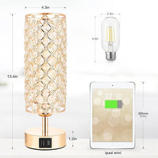 Crystal Table Lamp, Gold Lamp for Bedroom with USB-C USB-A Charging Ports, 3 Way Dimmable Light with Crystal Lampshade, Bedside Lamp Small Touch Light for Girl Room in Gold