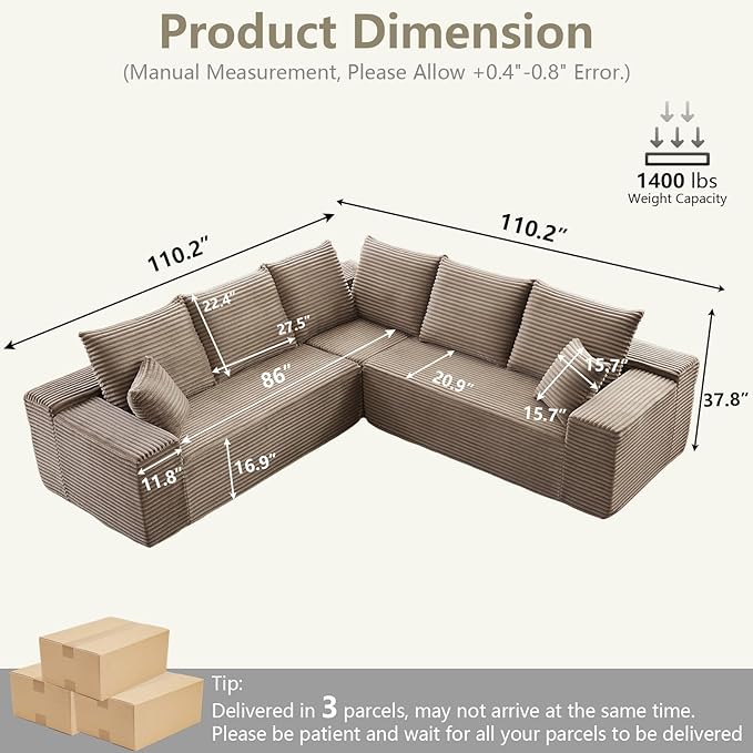 Sectional Cloud Couch for Living Room, Modern Modular Floor Deep-Seat Sofa, Upholstered L Shaped Sofas, Big Comfy Corduroy Couches Set for Living Room Bedroom, No Assembly Required, Camel
