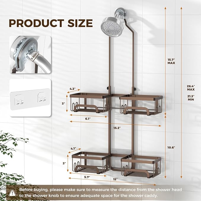REINHARDT Shower Caddy Hanging for Handheld Showerheads Adjustable Split Shower Caddy, Rustproof Shower Organizer with Hooks for Razor Over the Head Caddy with Soap Holder Bathroom Accessories, Bronze