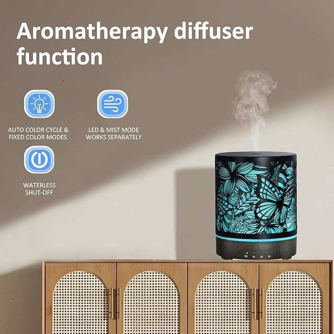 Essential Oil Diffusers 300ML Metal Aromatherapy Oil Diffusers for Large Room,Butterflies & Flower Ultrasonic Cool Mist Diffuser with Waterless Auto Shut-Off Protection, for Home Office SPA Yoga
