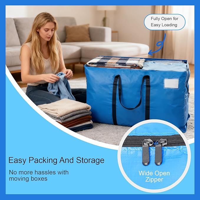 4 Pack Heavy Duty Moving Bags with Backpack Straps & Handles, Large Storage Bags with Zipper for Clothes, College Moving Supplies and Dorm Essentials (24 Gal, Blue)