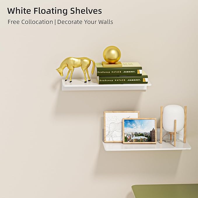 Metal Floating Shelf 2-Piece Set - Rust-Resistant Aluminum Wall Shelves - No Drill Wall Mounted Shower Caddy, Ideal for Display & Storage in Any Room (11.8", White)
