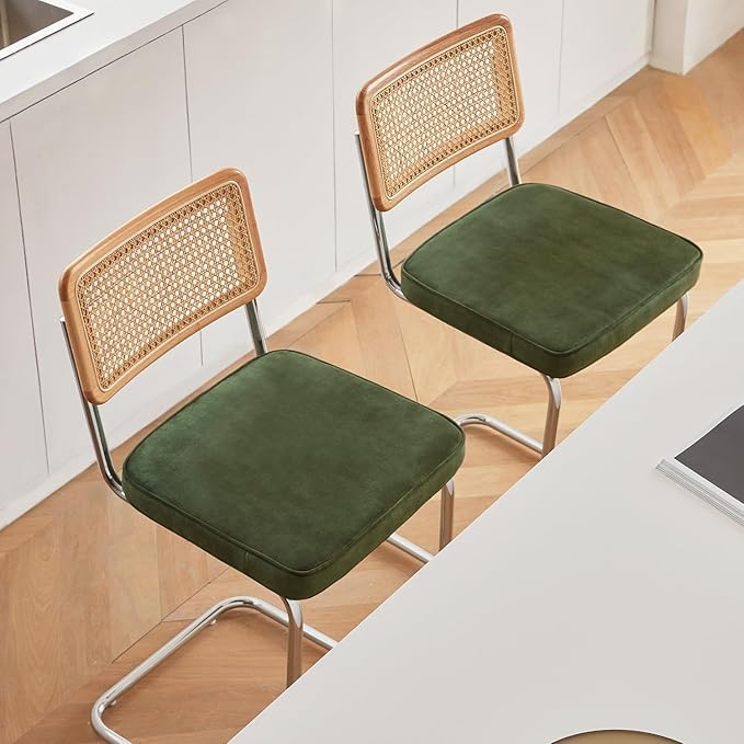 Natural Rattan Bar Stools Set of 2 with Solid Wood Back, 29 Inch Mid Century Modern Counter Height Stools, Green Upholstery Boho Stool for Kitchen Counter with Chrome Metal Legs