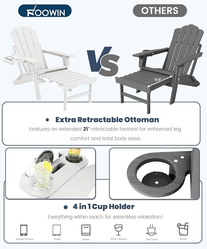 FOOWIN Folding Adjustable Adirondack Chair with Retractable Ottoman Set of 2,HDPE Adirondack Chair w/4 in 1 Cup Holder Trays,All-Weather Resistant Fire Pit Chair for Outdoor Patio Lawn, White