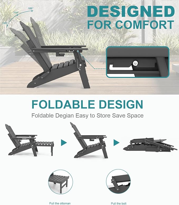 FOOWIN Adjustable Adirondack Chair with Retractable Ottoman Set of 6, Folding Adirondack Chair with Cup Holder, HDPE All-Weather Fire Pit Chair for Patio, Yard, Poolside, Grey
