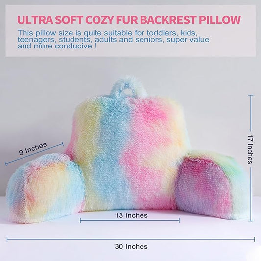 Faux Fur Backrest Pillow for Kids, Teen Reading Pillow with Arms, Fluffy Back Support Pillow for Sitting Up in Bed/Couch, Bed Wedge Pillow for Girls, Reading & Bed Rest Pillows (Pink)