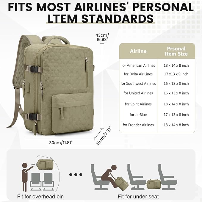 suwasp Vacuum Backpack Travel with Pump, Travel Backpack for Women Men, Vacuum Compression Bags with Laptop Compartment/Shoe Compartment, Personal Item Carry On Backpacks Flight Approved, Khaki